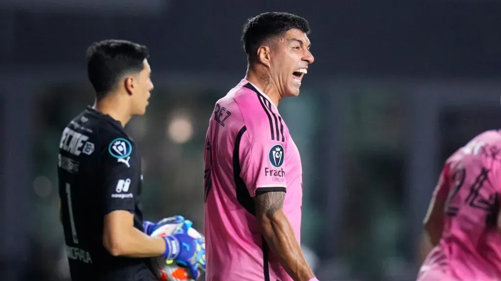 Luis Suárez #9 of Inter Miami reacts after a play during the first half against Monterrey in the quarterfinals of the Concacaf Champions Cup – Leg One at Chase Stadium on April 03, 2024 in Fort Lauderdale, Florida.