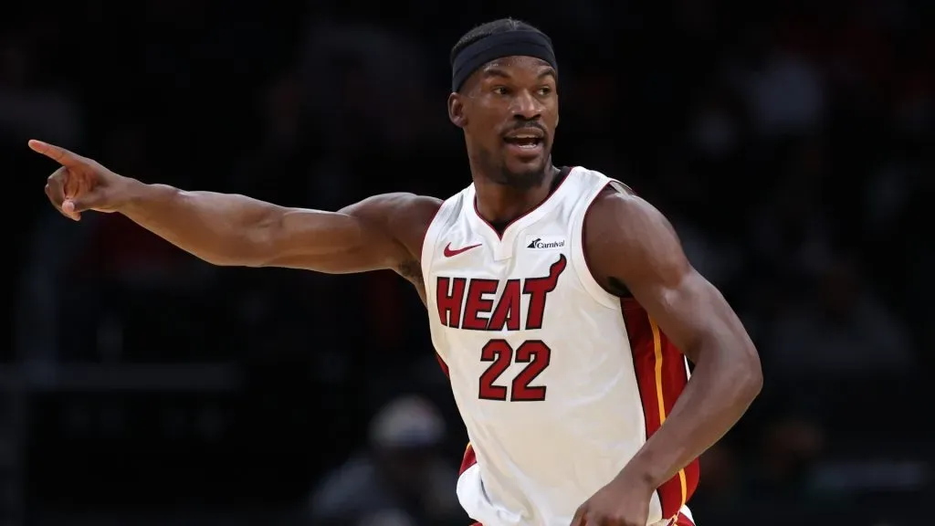 Jimmy Butler #22 of the Miami Heat reacts against the Washington Wizards during the first half at Capital One Arena on February 2, 2024 in Washington, DC.