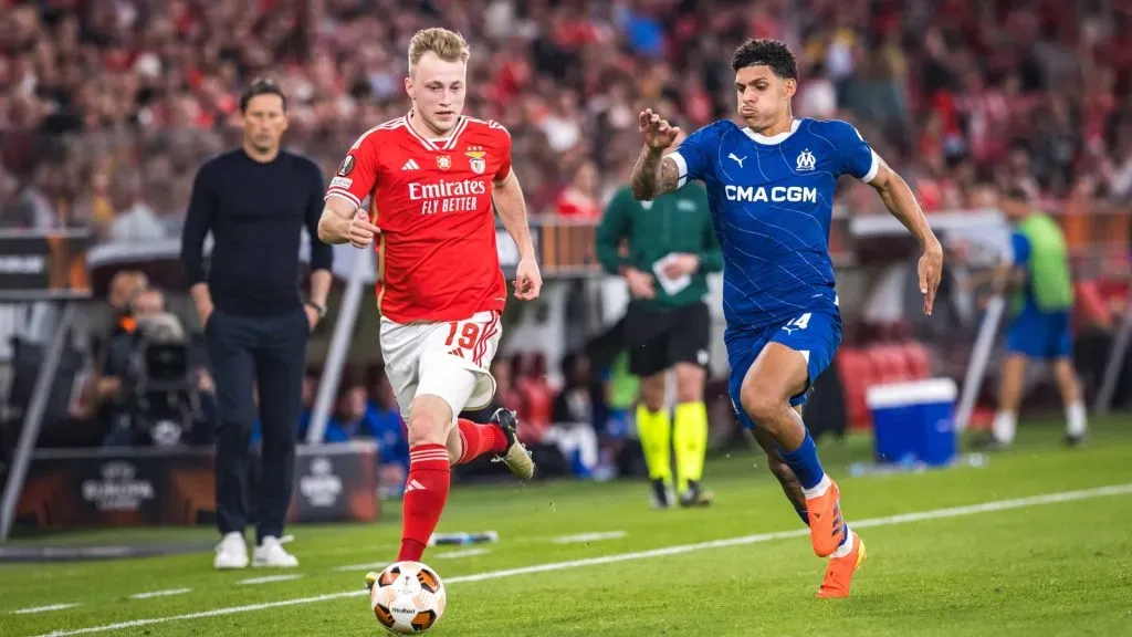 Casper Tengstedt of SL Benfica (L) with Luis Henrique of Olympique de Marseille (R) in action during the UEFA Europa League quarterfinal first leg match between SL Benfica and Olympique de Marseille at Estadio da Luz in Lisbon.