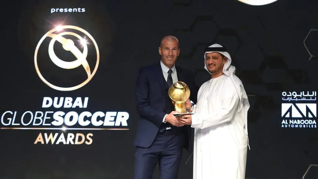 Zinedine Zidane collects Best Club of the Year Award on behalf of Real Madrid during the Globe Soccer Awards 2017 on December 28, 2017 in Dubai, United Arab Emirates.