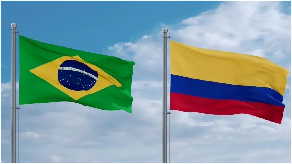 Colombia and Brazil flags waving together – IMAGO / Pond5 Images