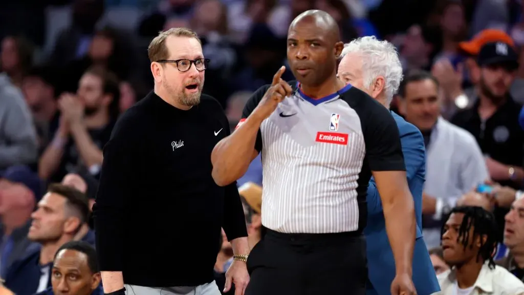Head coach Nick Nurse of the Philadelphia 76ers reacts toward the referee during the second half against the New York Knicks in Game Two of the Eastern Conference First Round Playoffs at Madison Square Garden on April 22, 2024 in New York City.