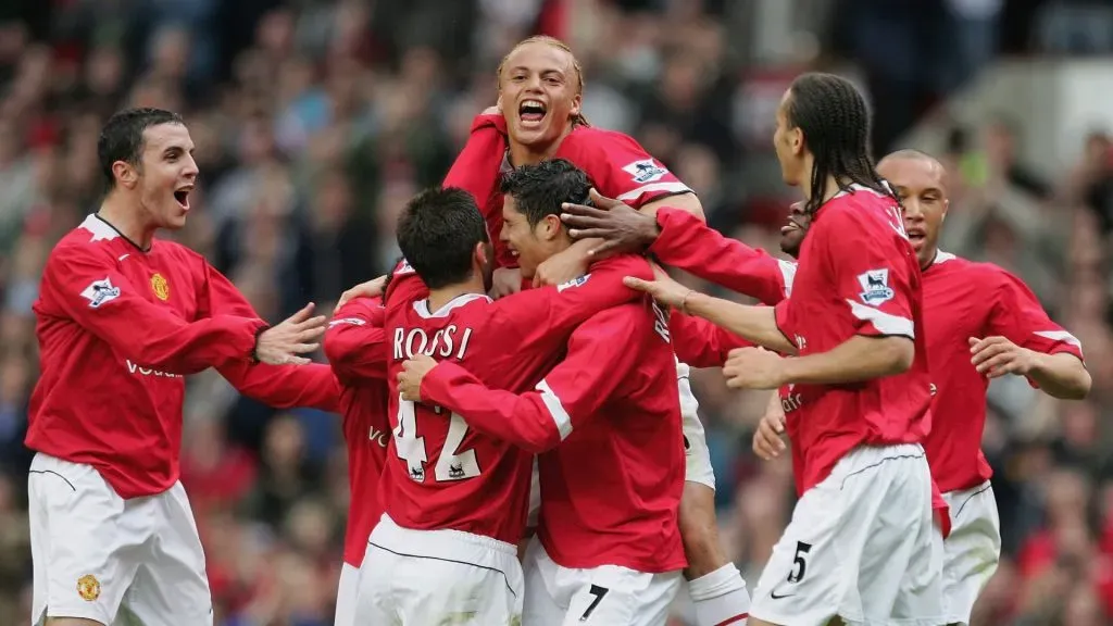 Cristiano Ronaldo of Manchester United is mobbed after scoring the second goal by John O’Shea, Wes Brown, Giuseppe Rossi and Rio Ferdinand during the Barclays Premiership match between Manchester United and Charlton Athletic at Old Trafford on May 7, 2006 in Manchester, England.