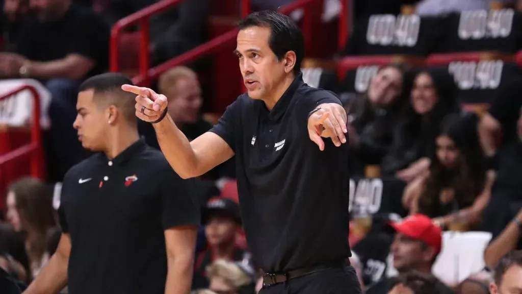 Miami Heat coach Erik Spoelstra gestures during the game against the Atlanta Hawks at Kaseya Center on Friday, Jan. 19, 2024, in Miami.