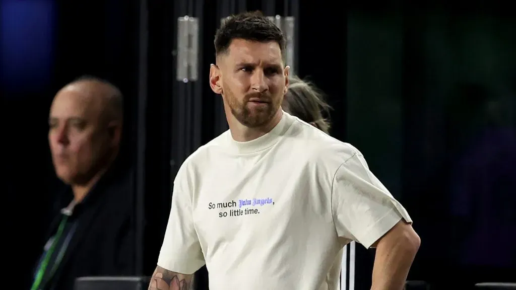 Lionel Messi #10 of Inter Miami looks on from the sidelines during the first half in the game against Monterrey in the quarterfinals of the Concacaf Champions Cup – Leg One at Chase Stadium on April 03, 2024 in Fort Lauderdale, Florida.
