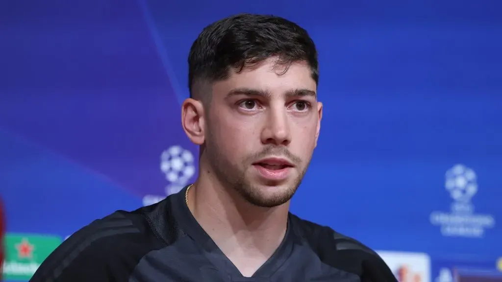 Federico Valverde of Real Madrid talks to the media ahead of their UEFA Champions League semi-final first leg match against FC Bayern MĂŒnchen at Allianz Arena on April 29, 2024 in Munich, Germany.