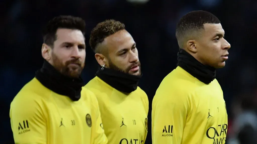 Lionel Messi, Neymar Jr and Kylian Mbappe during the match between PSG and Stade de Reims at Parc des Princes on January 29, 2023.