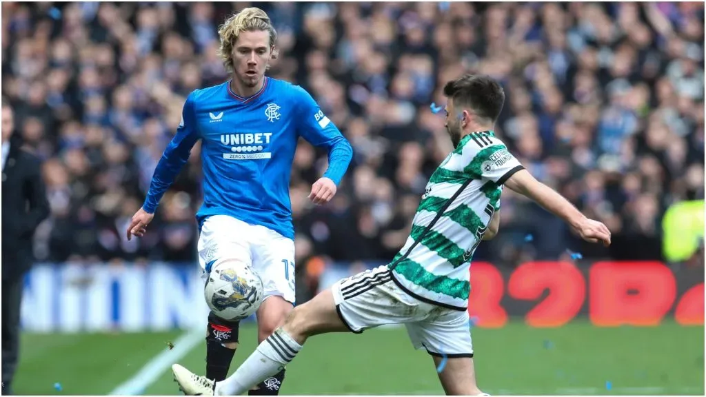 Todd Cantwell of Rangers vies with Greg Taylor of Celtic – IMAGO / Colorsport