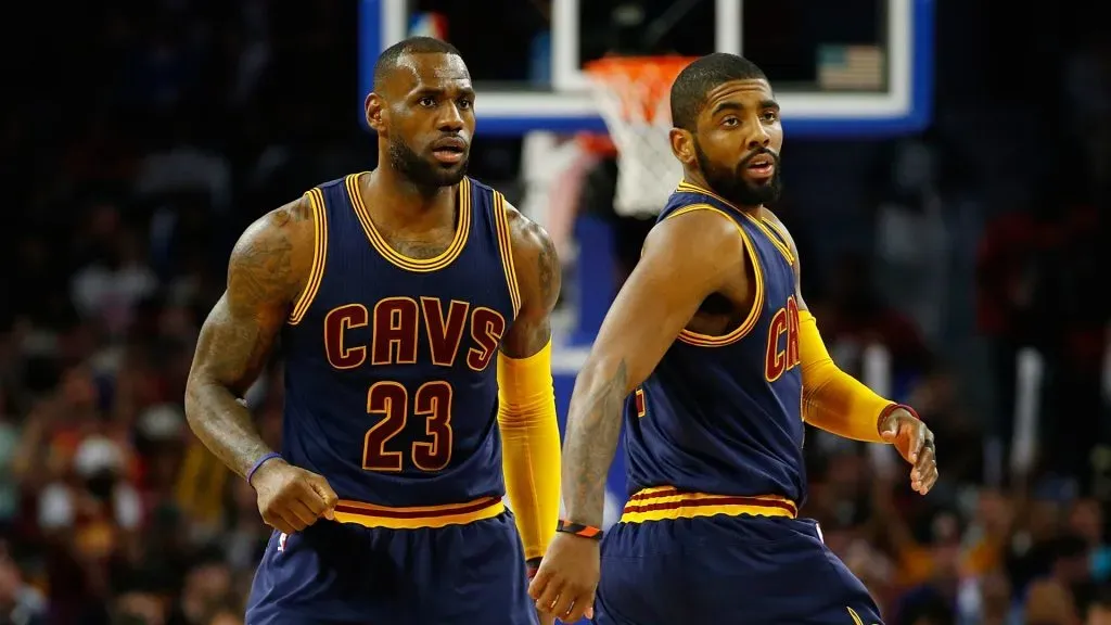 Kyrie Irving #2 of the Cleveland Cavaliers celebrates a fourth quarter basket with LeBron James #23 in game four of the NBA Eastern Conference quarterfinals during the 2016 NBA Playoffs at the Palace of Auburn Hills on April 24, 2016 in Auburn Hills, Michigan. Cleveland won the game 100-98 to win the series.