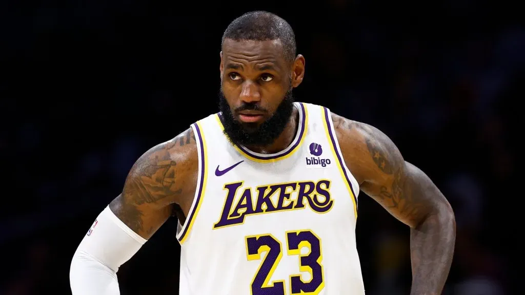 LeBron James #23 of the Los Angeles Lakers during game four of the Western Conference First Round Playoffs at Crypto.com Arena on April 27, 2024 in Los Angeles, California.