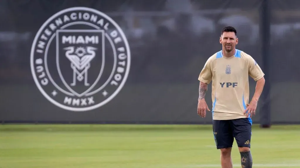 Lionel Messi of Argentina looks on during a training session at Florida Blue Training Center on June 5, 2024 in Fort Lauderdale, Florida.