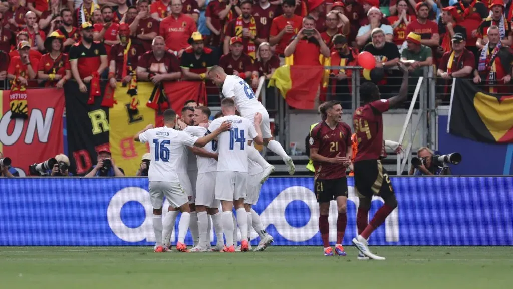 Ivan Schranz of Slovakia (obscured) celebrates scoring his team's first goal with teammates during the UEFA EURO 2024 group stage match between Belgium and Slovakia at Frankfurt Arena on June 17, 2024 in Frankfurt am Main, Germany.