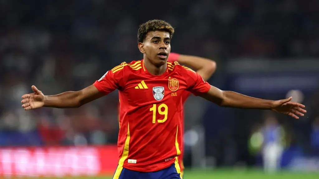 Lamine Yamal of Spain reacts during the UEFA EURO 2024 group stage match between Spain and Italy at Arena AufSchalke on June 20, 2024 in Gelsenkirchen, Germany.