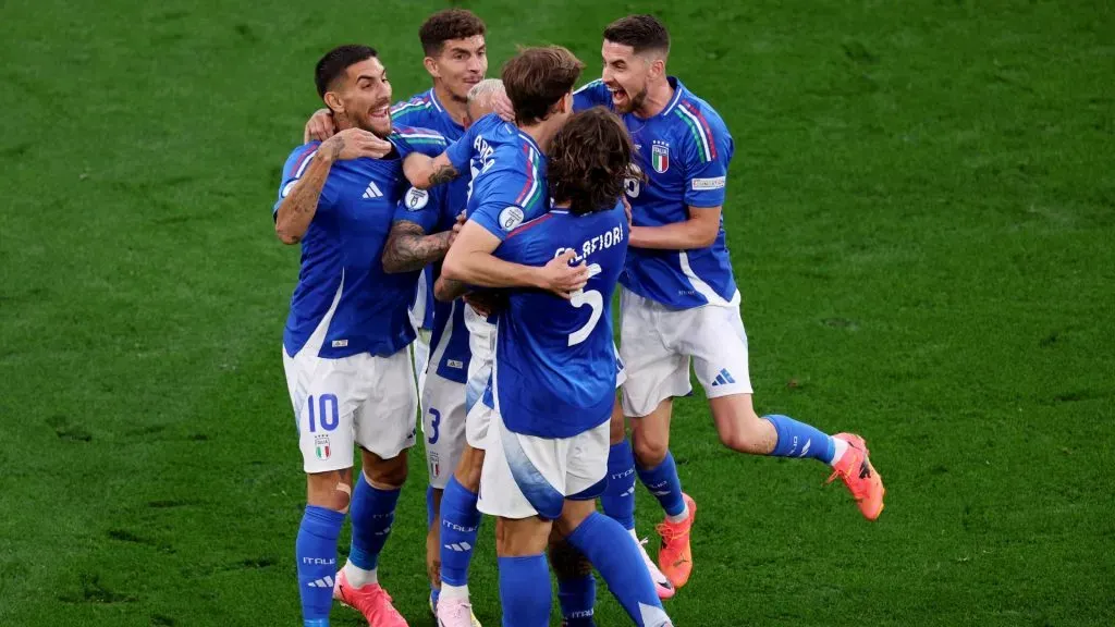 Nicolo Barella of Italy celebrates scoring his teamās second goal with teammates during the UEFA EURO 2024. Photo by Kevin C. Cox/Getty Images