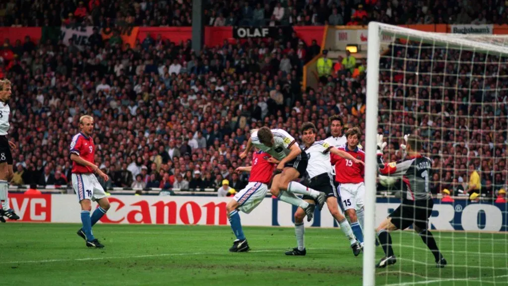 Oliver Bierhoff of Germany scores the equalising goal with a header during the UEFA European Championships 1996 Final between Germany and the Czech Republic. Stu Forster/Getty Images