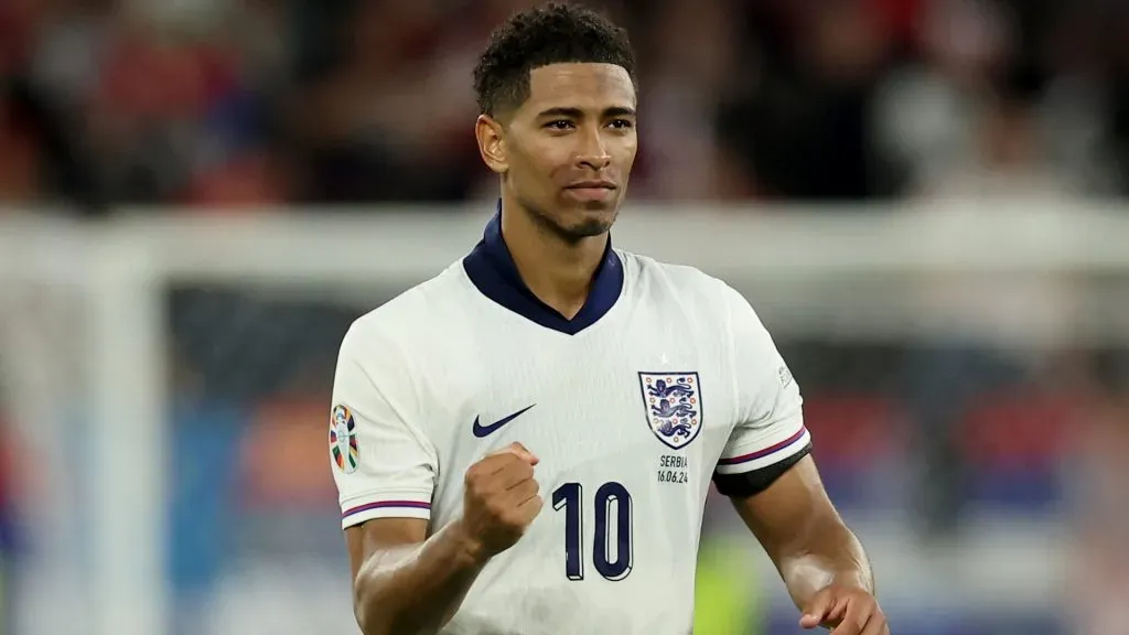 Jude Bellingham of England celebrates victory after the UEFA EURO 2024 group stage match between Serbia and England. Photo by Richard Pelham/Getty Images