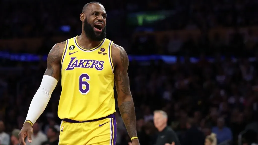 LeBron James #6 of the Los Angeles Lakers reacts against the Golden State Warriors during the first quarter in game four of the Western Conference Semifinal Playoffs. Photo by Harry How/Getty Images.