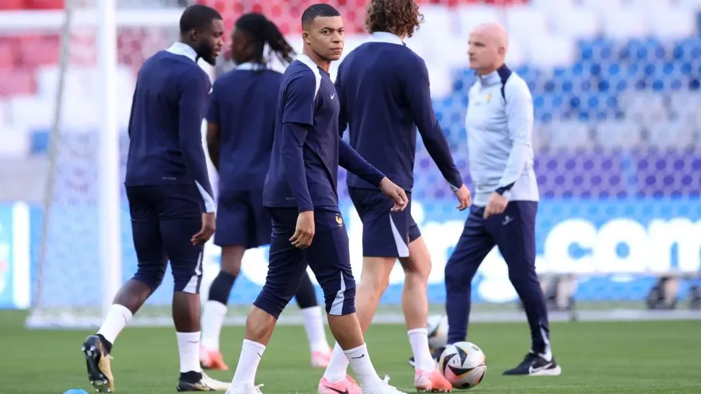 Kylian Mbappe of France and teammates react during a training session ahead of their UEFA EURO 2024 semi-final match against Spain. Photo by Alex Grimm/Getty Images