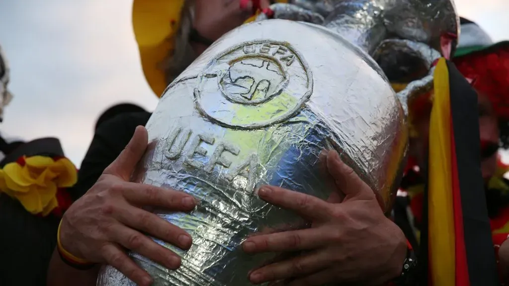 A replica of the UEFA Euro trophy during the Fans gather for a public viewing event to watch the Group A ā UEFA EURO 2024. Photo by Maryam Majd/Getty Images.