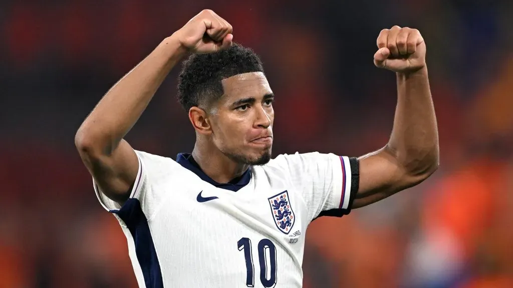Jude Bellingham of England celebrates following the teamās victory in the UEFA EURO 2024 semi-final match between Netherlands and England at Football Stadium Dortmund on July 10, 2024 in Dortmund, Germany. Photo by Stu Forster/Getty Images