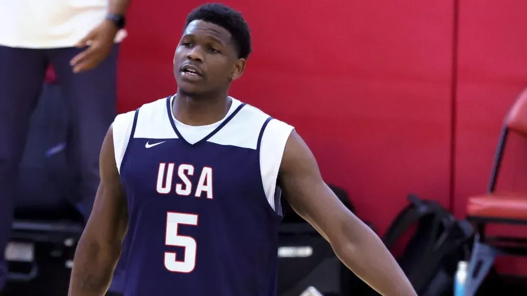 Anthony Edwards #5 of the 2024 USA Basketball Menās National Team gestures on the court after a practice session during the teamās training camp at the Mendenhall Center at UNLV on July 08, 2024 in Las Vegas, Nevada. Photo by Ethan Miller/Getty Images