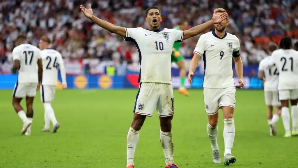 Jude Bellingham of England celebrates scoring his team’s first goal during the UEFA EURO 2024 round of 16 match between England and Slovakia at Arena AufSchalke on June 30, 2024 in Gelsenkirchen, Germany. Photo by Richard Pelham/Getty Images