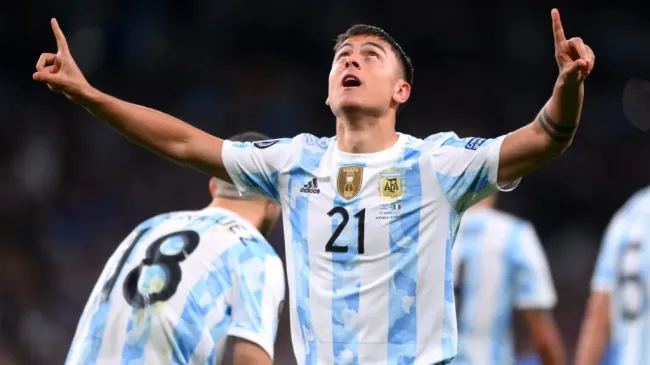Paulo Dybala of Argentina celebrates after scoring their teamās third goal during the 2022 Finalissima match between Italy and Argentina at Wembley Stadium on June 01, 2022 in London, England. (Photo by Shaun Botterill/Getty Images)