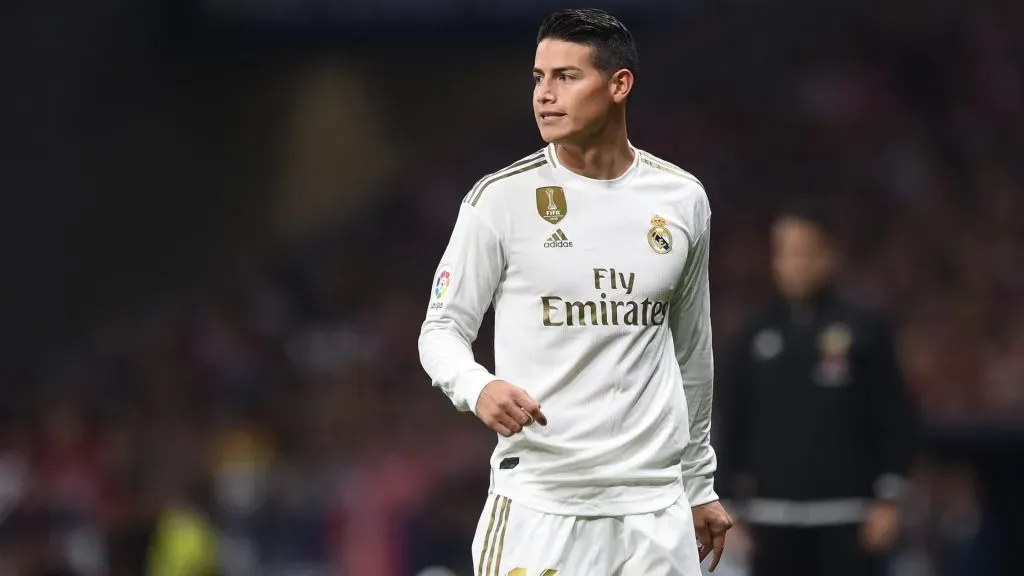 James Rodriguez of Real Madrid CF looks on during the Liga match between Club Atletico de Madrid and Real Madrid CF at Wanda Metropolitano on September 28, 2019 in Madrid, Spain. (Photo by Denis Doyle/Getty Images)