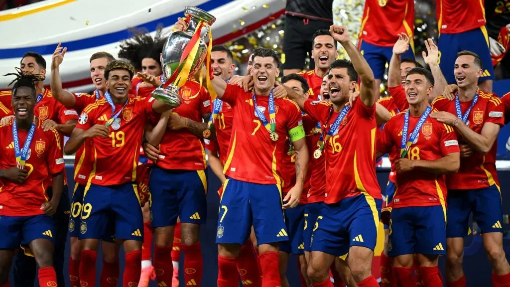 Alvaro Morata of Spain lifts the UEFA Euro 2024 Henri Delaunay Trophy after his teamās victory during the UEFA EURO 2024 final match between Spain and England at Olympiastadion. Dan Mullan/Getty Images