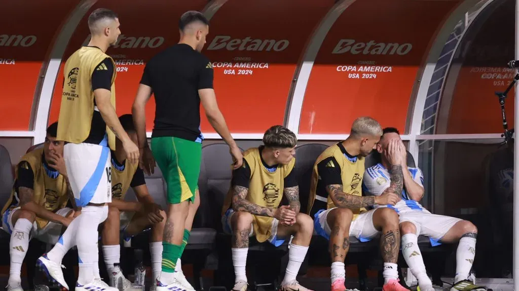 Lionel Messi of Argentina reacts after an injury during the CONMEBOL Copa America 2024 Final match between Argentina and Colombia at Hard Rock Stadium. Carmen Mandato/Getty Images