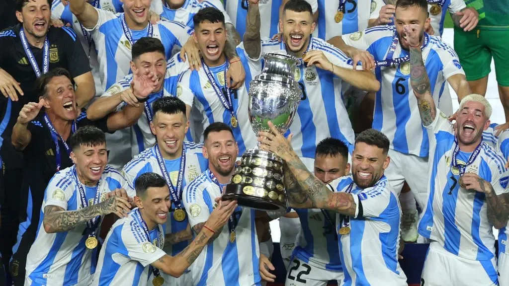 Lionel Messi of Argentina celebrates with the trophy after the teamās victory during the CONMEBOL Copa America 2024 Final match between Argentina and Colombia at Hard Rock Stadium. Megan Briggs/Getty Images