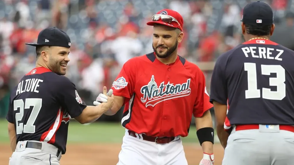 Jose Altuve #27 of the Houston Astros, Eugenio Suarez #7 of the Cincinnati Reds and Salvador Perez #13 of the Kansas City Royals during the 89th MLB All-Star Game. Photo by Rob Carr/Getty Images