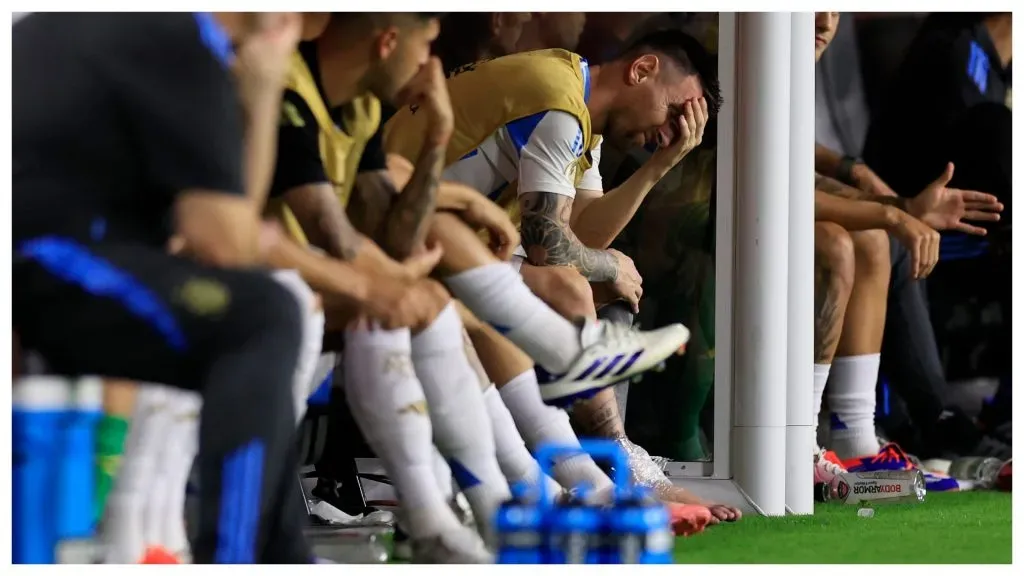 Lionel Messi of Argentina reacts after leaving the game with an injury during the CONMEBOL Copa America 2024 Final match between Argentina and Colombia at Hard Rock Stadium on July 14, 2024 in Miami Gardens, Florida. Photo by Buda Mendes/Getty Images