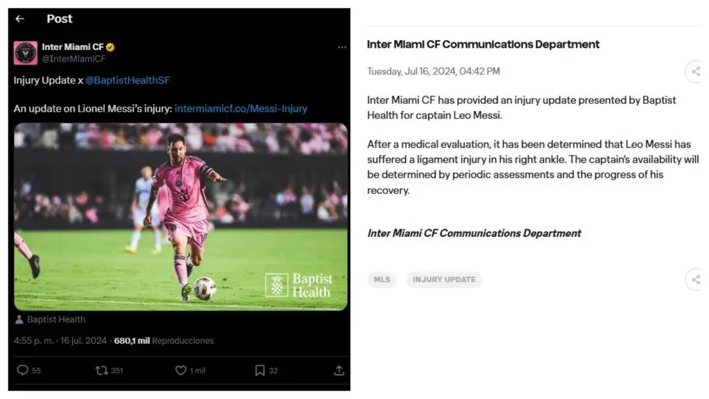 Inter Miami CF published Lionel Messiās medical report. Social Media āXā