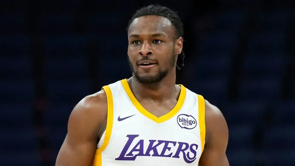Bronny James Jr. #9 of the Los Angeles Lakers reacts after a teammate scored and was fouled on the shot against the Miami Heat during the second half of the 2024 California Classic at Chase Center on July 10, 2024 in San Francisco, California.