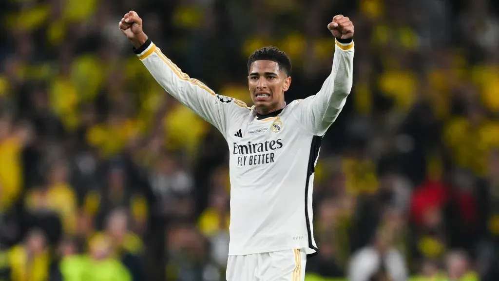Jude Bellingham of Real Madrid CF celebrates after Vinicius Jr. of Real Madrid CF (Not in picture) scores their teamās second goal during the UEFA Champions League 2023/24 final match between Borussia Dortmund v Real Madrid CF at Wembley Stadium on June 01, 2024 in London, England. Photo by David Ramos/Getty Images