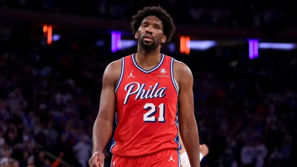 Joel Embiid #21 of the Philadelphia 76ers reacts late in game one of the Eastern Conference First Round Playoffs at Madison Square Garden on April 20, 2024 in New York City. The New York Knicks defeated the Philadelphia 76ers 111-104.