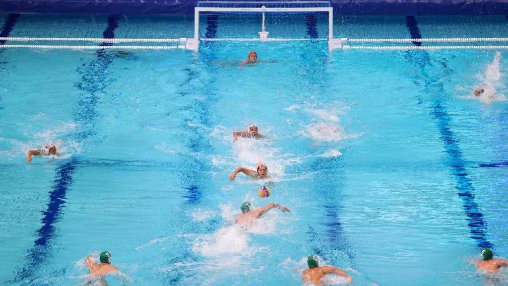 Team Japan and Team South Africa compete in a swim-off during the Men’s Preliminary Round Group A match between Japan and South Africa on day ten of the Tokyo 2020 Olympic Games at Tatsumi Water Polo Centre on August 02, 2021 in Tokyo, Japan. (Photo by Dan Mullan/Getty Images)