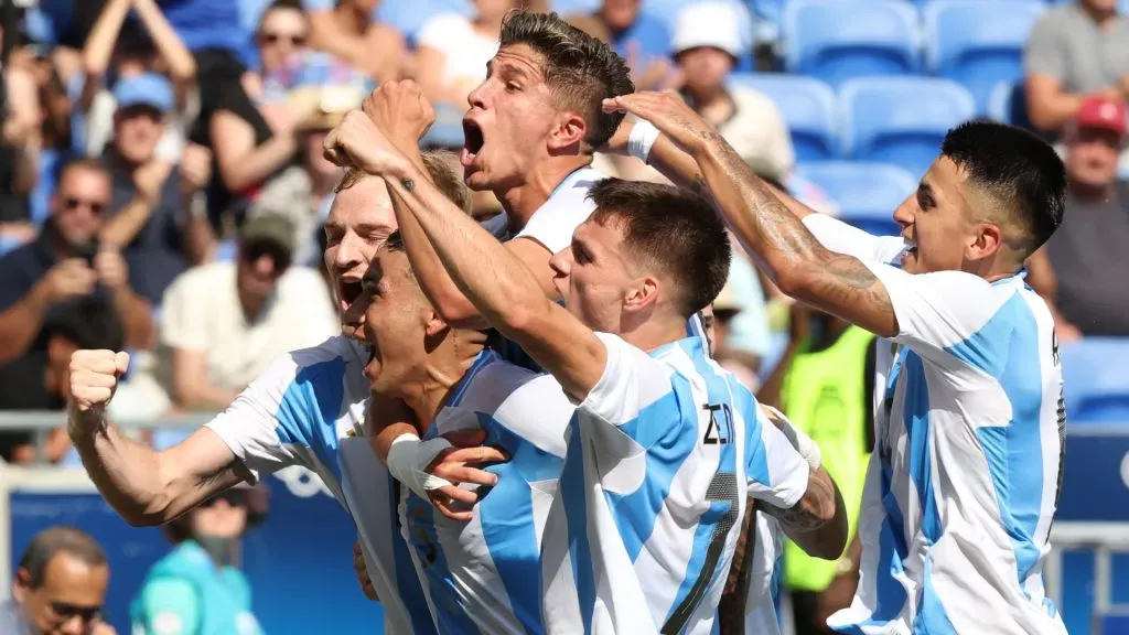 Ezequiel Fernandez celebrates after scoring the third goal during the Menās group B match between Argentina and Iraq during the Olympic Games Paris 2024. Claudio Villa/Getty Images