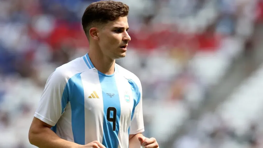 Julian Alvarez #9 of Team Argentina reacts during the Men’s group B match between Argentina and Iraq during the Olympic Games Paris 2024 at Stade de Lyon on July 27, 2024 in Lyon, France. (Photo by Claudio Villa/Getty Images)