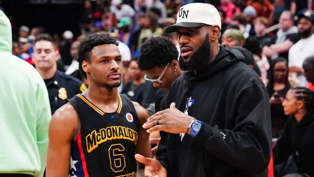 Bronny James #6 of the West team talks to Lebron James of the Los Angeles Lakers after the 2023 McDonaldâs High School Boys All-American Game at Toyota Center on March 28, 2023 in Houston, Texas. (Photo by Alex Bierens de Haan/Getty Images)