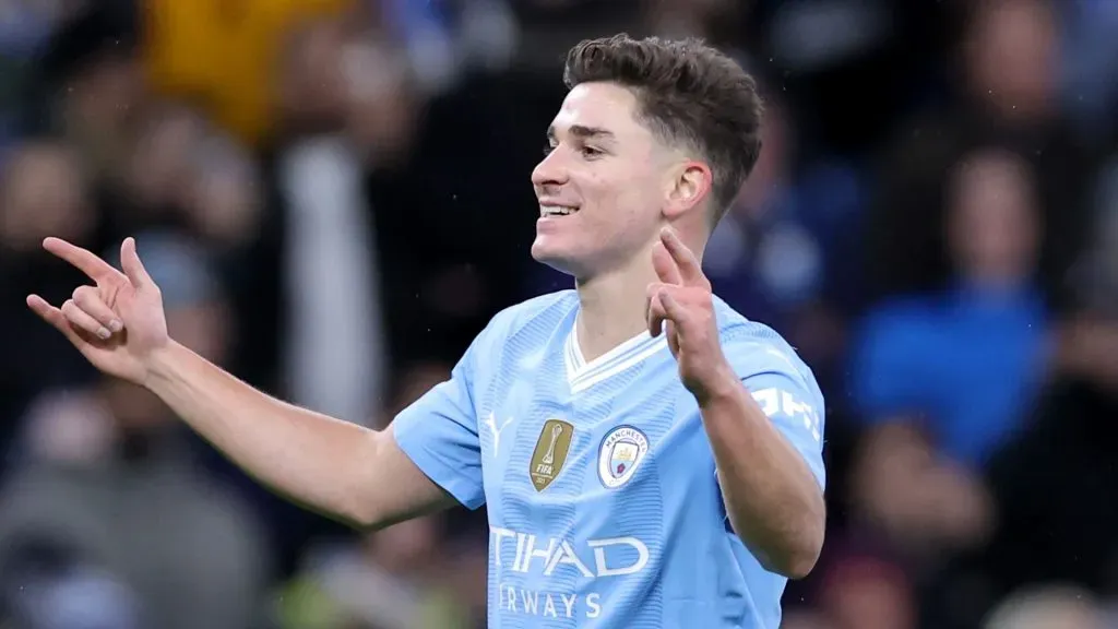 Julian Alvarez of Manchester City celebrates scoring his team's first goal during the Premier League match between Manchester City and Burnley FC at Etihad Stadium on January 31, 2024 in Manchester, England.