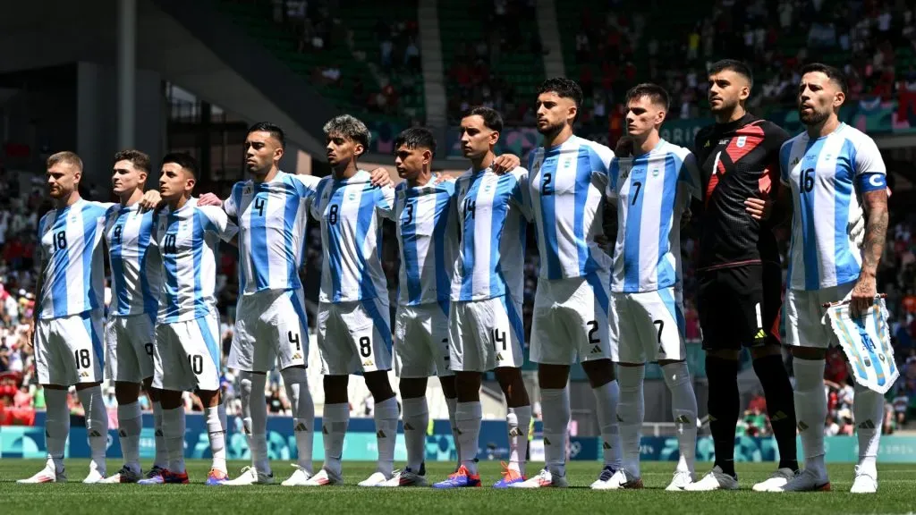 Players of Team Argentina line up prior to the Menās group B match between Argentina and Morocco during the Olympic Games Paris 2024 at Stade Geoffroy-Guichard on July 24, 2024 in Saint-Etienne, France. (Photo by Tullio M. Puglia/Getty Images)