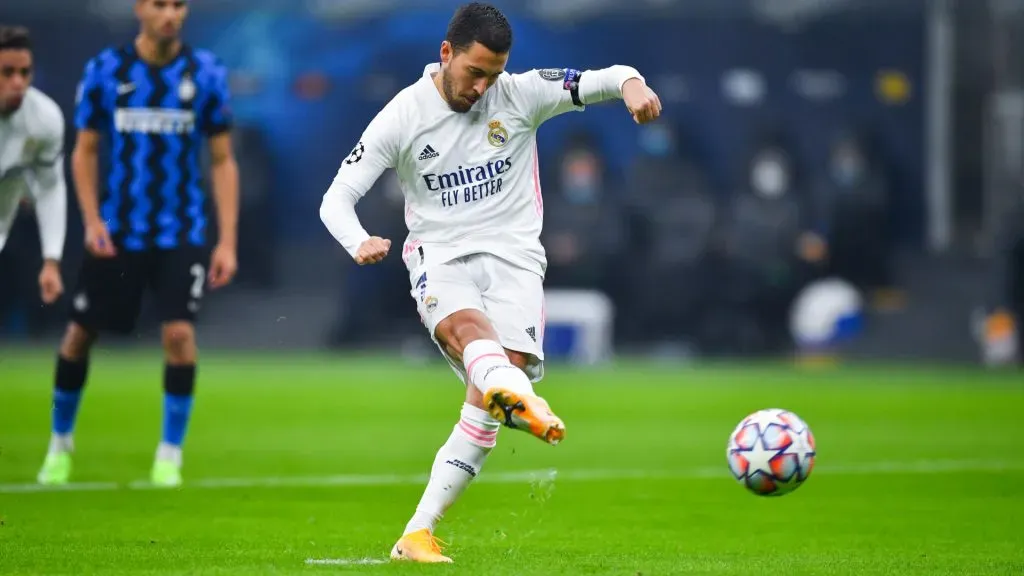 Eden Hazard of Real Madrid scores their teamās first goal from the penalty spot during the UEFA Champions League Group B stage match between FC Inter and Real Madrid. Valerio Pennicino/Getty Images