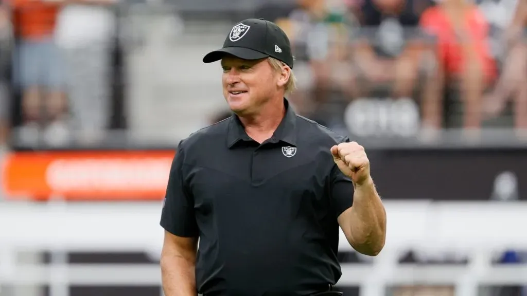 Head coach John Gruden of the Las Vegas Raiders looks on before a game against the Chicago Bears at Allegiant Stadium on October 10, 2021 in Las Vegas, Nevada.