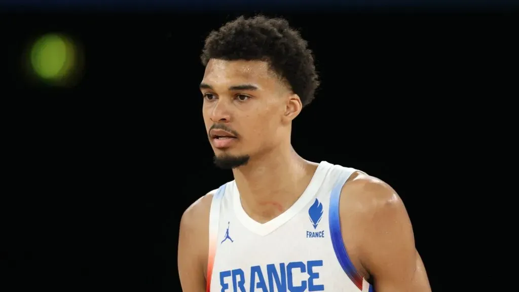 Victor Wembanyama #32 of Team France looks on during a Men's basketball semifinals match between Team France and Team Germany on day thirteen of the Olympic Games Paris 2024 at Bercy Arena on August 08, 2024 in Paris, France.