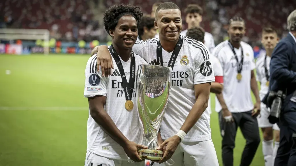 Kylian Mbappe and Endrick, Real Madrid celebrate victory after the UEFA Super Cup 2024. IMAGO / PanoramiC