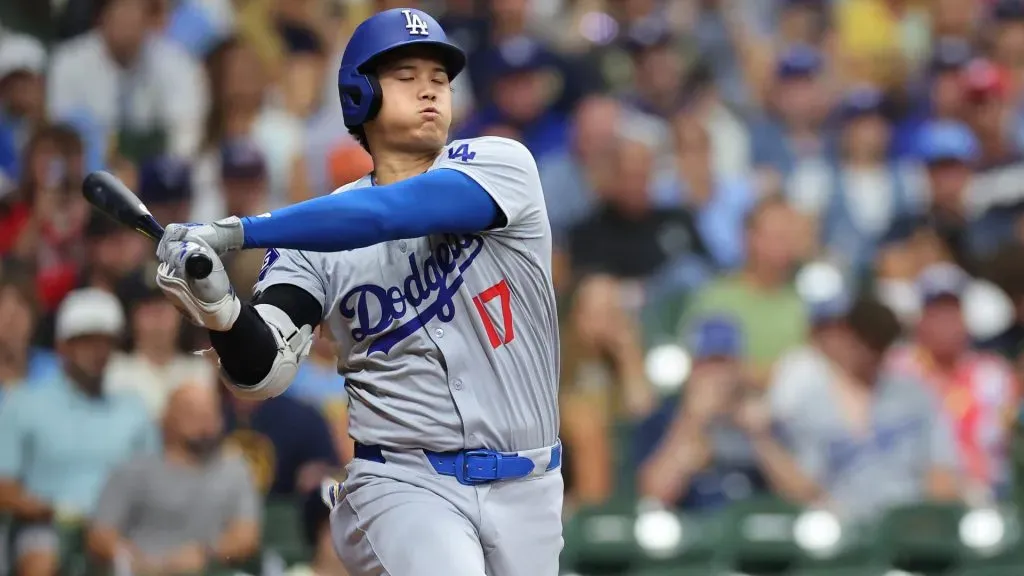 Shohei Ohtani #17 of the Los Angeles Dodgers at bat during a game against the Milwaukee Brewers at American Family Field on August 13, 2024 in Milwaukee, Wisconsin. (Photo by Stacy Revere/Getty Images)