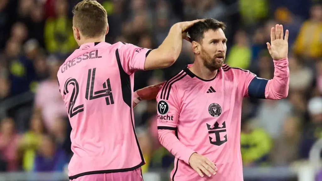 Lionel Messi #10 and Julian Gressel #24 of Inter Miami celebrate after a goal during the match against the Nashville SC at GEODIS Park on March 07, 2024 in Nashville, Tennessee. (Photo by Johnnie Izquierdo/Getty Images)