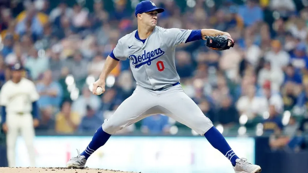 Jack Flaherty #0 of the Los Angeles Dodgers throws a pitch in the first inning against the Milwaukee Brewers at American Family Field on August 15, 2024 in Milwaukee, Wisconsin. (Photo by John Fisher/Getty Images)